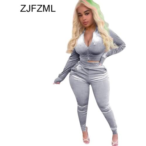Autumn Winter Woman Tracksuit Velvet Outfits Zipper Up Long Sleeve Crop Tops and Bandage Jogger Sweatpant Warm Velour 2 Pcs Set