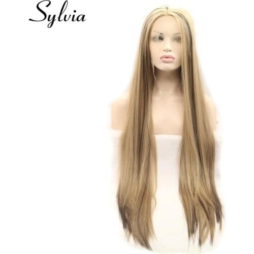 Sylvia Blonde Highlight Brown Silky Straight Synthetic Lace Front Wig Middle Parting Natural Heat Resistant Fiber Hair for Woman