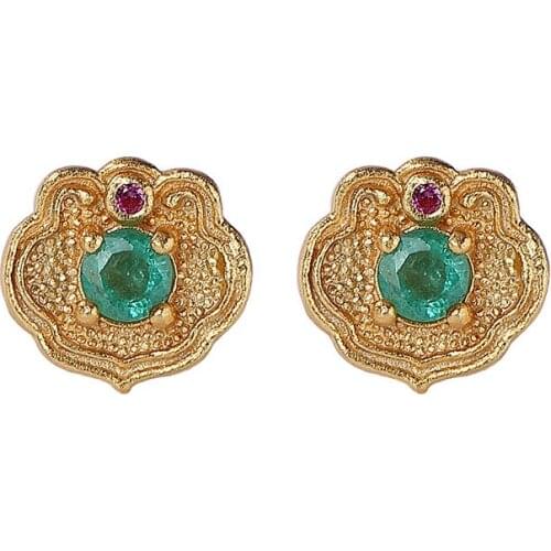 S925 sterling silver gold plated natural emerald stud earrings personality minimalist elegant Ruyi womens earrings