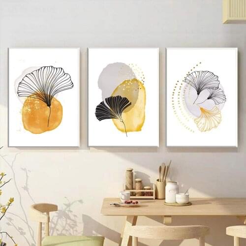 Modern Painting Abstract Circle Watercolor Shapes Black Leaves Poster Geometric Wall Art Canvas Print Living Room Decoration