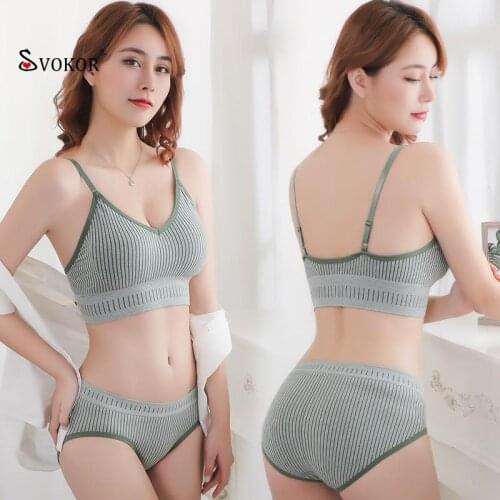 SVOKOR Stripe Lingerie Set Women Threaded Bra Beautiful Back Wrapped Chest Seamless Wireless Underwear Set