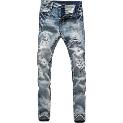 Streetwear Denim Punk Trousers Fashion Men Jeans Slim Fit Retro Light Gray Blue Ripped Jeans Men Patches Designer Hip Hop Pants