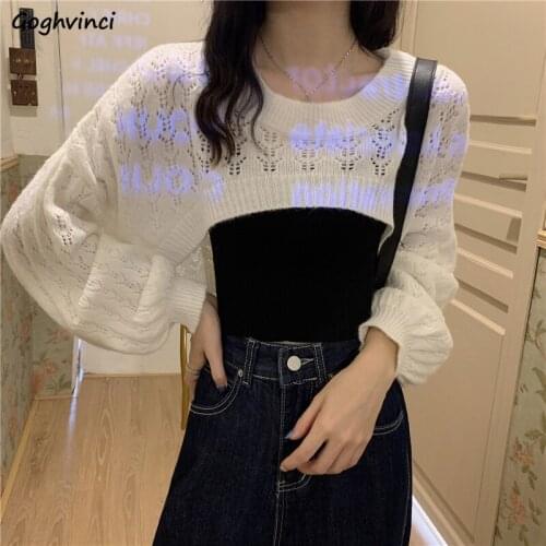 Pullovers Womens Hollow Out Cropped Tops Loose Casual Sexy Lantern Sleeve O-neck Korean Style Streetwear Lady Knitted Fashion