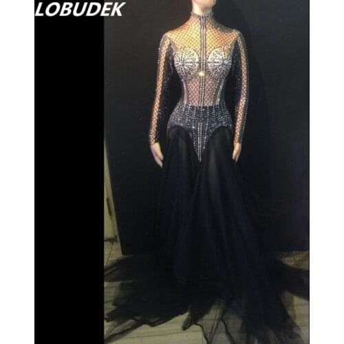2019 New Design Women Voile Crystals Long Dress Party Stage Dress Long Sleeve Stretch Mesh Floor Length Dress Singer Costume