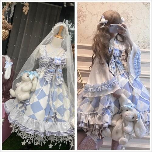 Japan Kimono Style Alice Theme Womens Lolita Suspender JSK Dress / Wide Long Sleeve Shirt / Short Mesh Shirt