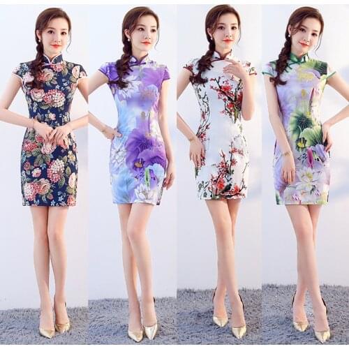 4Color Chinese Traditional Dress for Women Short Qipao Peony Lotus Chinese Style Cheongsam Party Wedding Floral Retro Dress