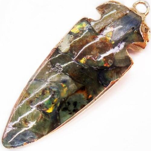 1Pcs 48x18x5mm Wholesale Gray Sea Sediment Jasper & Pyrite Arrow Gilt Edge Pendant Bead DIY Jewelry Accessories S858
