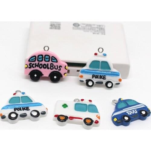 10pcs Mixed Cartoon School Bus Police Car Taxi Resin Charms Kawaii Child Necklace Keychain Pendant Jewelry Findings Gift Make