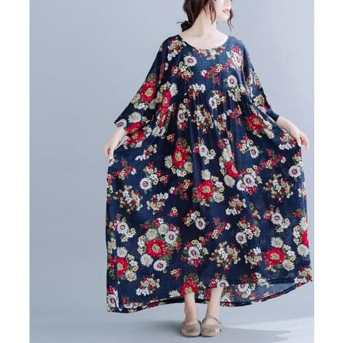 2020 Korean Spring Bohemian Cotton Maxi Dress Women Plus Size Floral Print Long Sleeve Ethnic Kaftan Tunic Long Dresses Vestidos