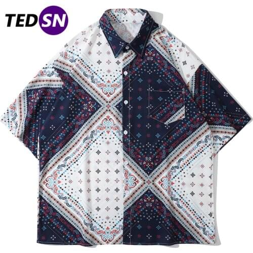 2021 Harajuku Bandana Square Scarf Pattern Color Block Print Hawaiian Shirts Vacation Streetwear Tropical Fashion Beach Tops