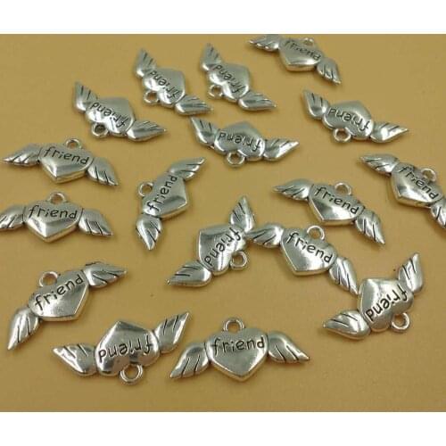 25pcs Antique Silver Alloy Retro Heart Angel Wing Friend Charm Pendant Jewelry Findings Accessories 13x26mm