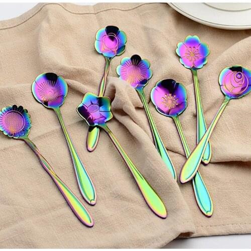 8 Pcs/Set Coffee Spoon Flower Shape Stainless Steel Lovely Tea Ice Cream Sugar Spoon Flatware Personality Party Kitchen Tools