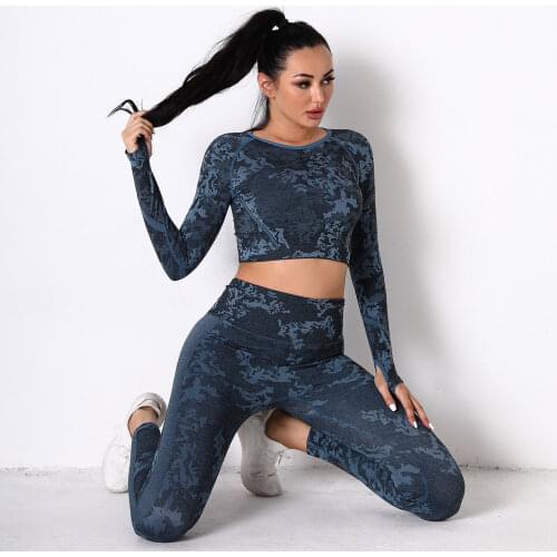 Seamless Sports Yoga Clothes Women Knitted Camouflage Corset Yoga Set High Elastic Body Long Sleeve Gym Fitness Yoga Pants Women