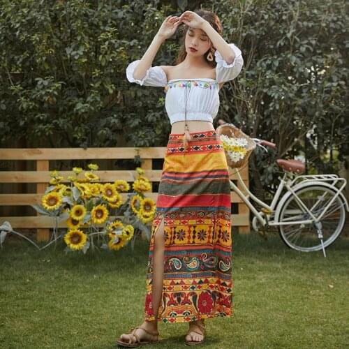 Bohemia Summer Holiday Two Piece Women Set Short Top Open Split Skirt