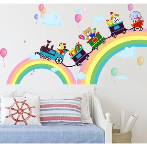 Large Creative Cartoon Rainbow Bridge Animal Train Wall Stickers for Childrens Room Kindergarten Classroom DIY Children Gift