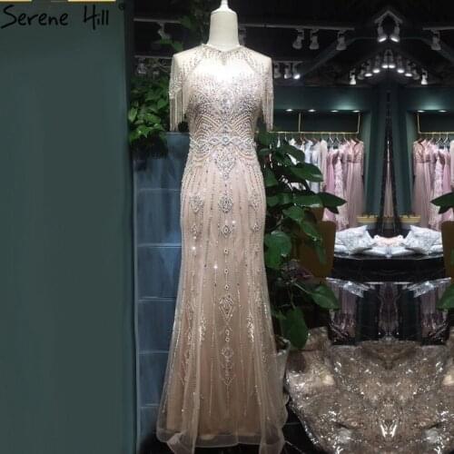 Dubai Nude Mermaid Luxury O-Neck Evening Dresses 2020 Short Sleeves Beading Tassel Formal Dress Serene Hill LA70646