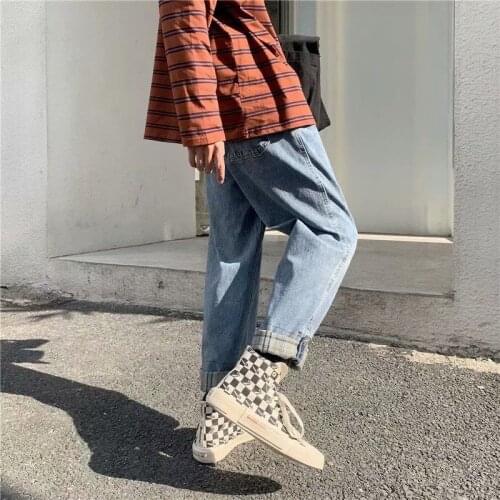 Washed Jeans Mens Plaid Loose Sports Straight Nine-point Pants Casual All-match Trousers Solid Denim Pants Male Four Seasons