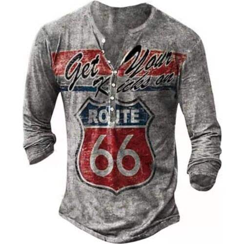 Mens T-shirt Long Vintage Buttons Long Sleeve Summer New Fashion Highway 66 Letters Print T Shirts Men Camiseta Mujer