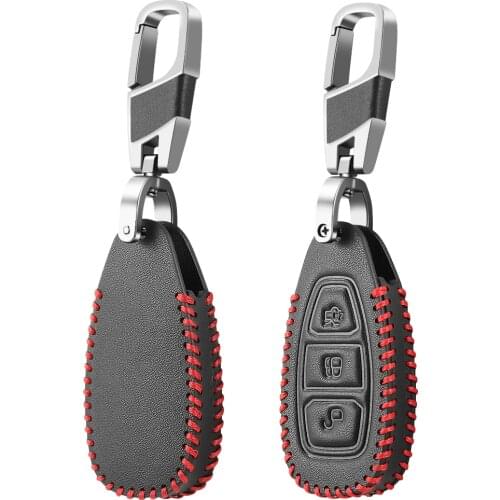 Leather Car Key Case For Ford Focus 3 4 MK3 ST RS Kuga Escape Ecosport Fiesta 3 Buttons Smart Remote Fob Protect Cover Keychain