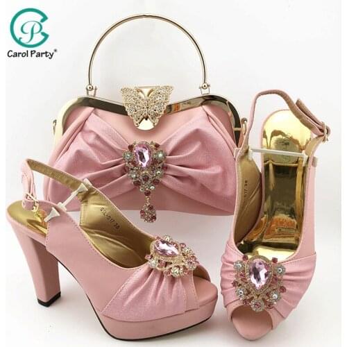 Summer New Arrivals African Design Italian Women Shoes and Bag To Match High Quality with Shinning in Pink Crystal For Wedding