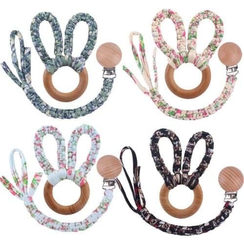 Baby Rattles Set Flower Print Wooden Teether Holder Chain Pacifier Clip Teething Bunny Ear Dummy Clip Beech Wood Ring Teethers