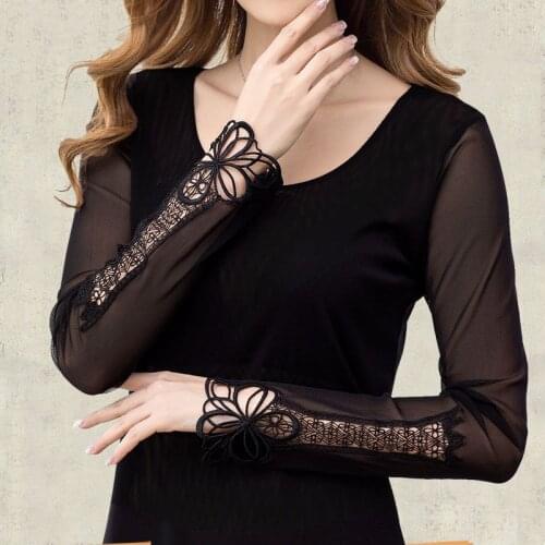 New Autumn and winter lace round neck bottoming shirt long sleeve t shirt thin women Slim clothing