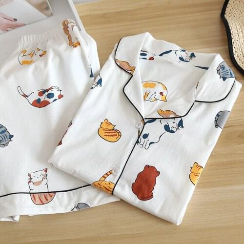 100% Cotton Pajamas For Women 2020 Cute Cat Print Cartoon Home Clothes 2Pcs Set Sleepwear Female Tops+Pants Nighties Pijama Suit