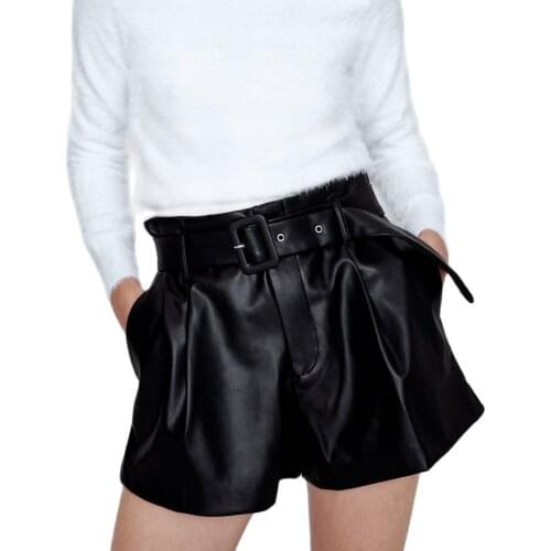 2021 New PU Leather Shorts Women Shorts All-match Sashes Wide Leg Short Ladies Sexy Leather Shorts Autumn Winter