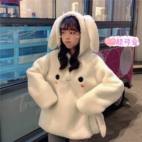 Loose Bunny Ear Hoodies For Women Warm Long Sleeve Sweet Kawaii Rabbit Bag Hooded Female 2020 Autumn Winter Cute Sweatshirt