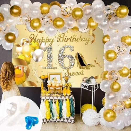 Sweet 16th Birthday Decorations White Gold Balloon Garland Arch Set With Gold Sign Poster Backdrop Birthday Party Supplies