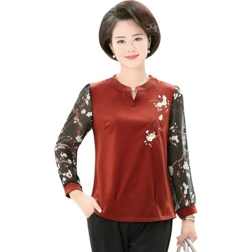 Chiffon Sleeve T Shirt Women Embroidery Long Sleeve Tops 2021 Spring Fall Fashion Pullover Middle Aged Mother Tops Plus Size