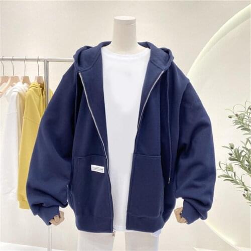 2021 Oversized Hooded Sweatshirt Lady zip-up Women Korean Style hoodies Vintage Solid Color Long Sleeve Women Casual Large Coats