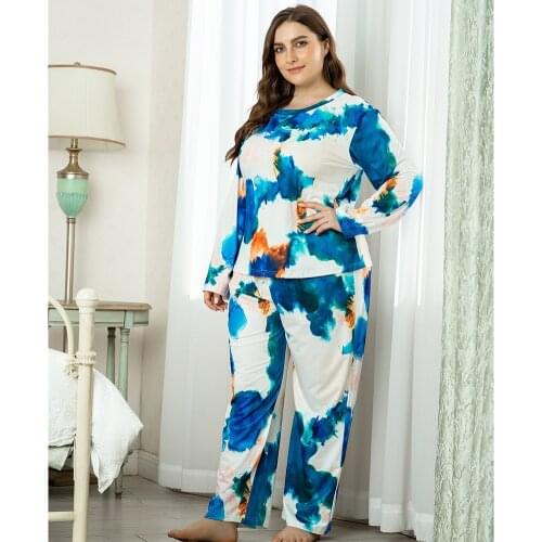 Pajama Sets For Women Summer 4XL Plus Size Nice Print Faux Silk Long Sleeve Pajamas Soft Pyjamas Autumn Loungewear