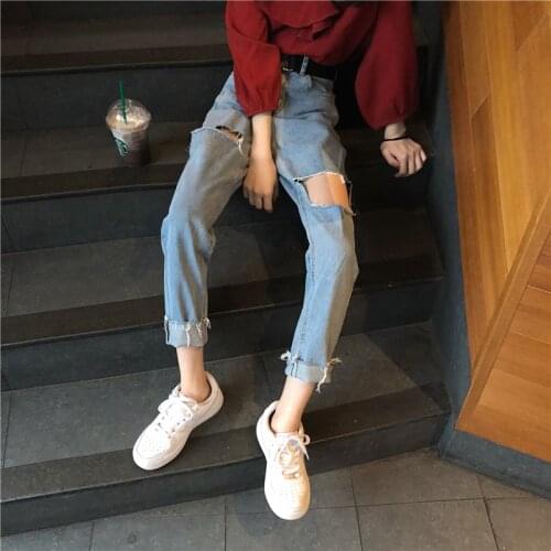 2021 Autumn New Ripped Pants Womens Harajuku High Waist Straight Wide Leg Trousers Thin Raw Edges Washed Boyfriend Jeans Women
