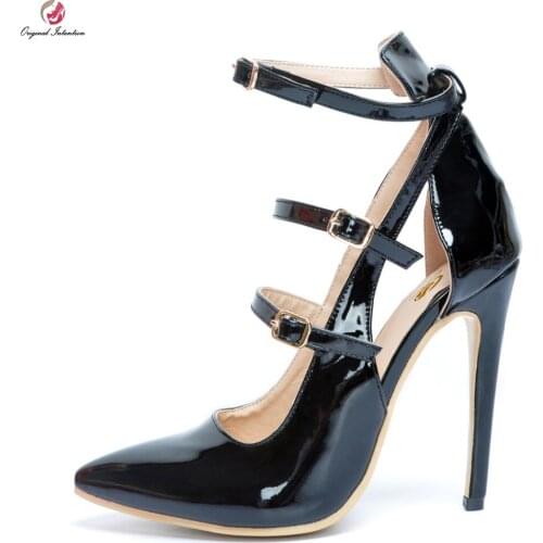 Original Intention Popular Women Pumps Sexy Pointed Toe Thin Heels Pumps Nice Black Patent Leather Shoes Woman Plus US Size 4-15