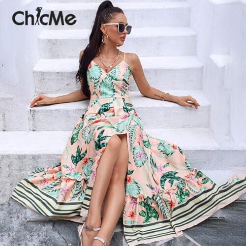 Chicme Fashion Women Tropical Print Spaghetti Strap V-Neck High Slit Long Vacation Vestidos Spring Summer Femme Sleeveless