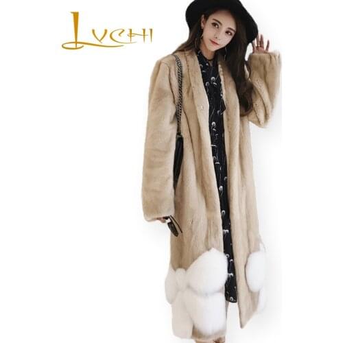 LVCHI Winter 2019 Imports Swan Velvet V-Neck Mink Coat Real Mink Fur Coat Natural Fur With Fox Fur Womens X-Long Loss Mink Coat