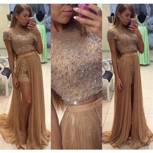 Two Piece vestido de noiva Prom gown 2018 O Neck Short Sleeve Floor Length Crystal Tulle Long Vestido longo bridesmaid dresses