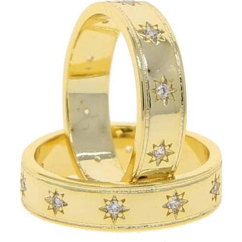 Gold Color Band Ring For Women Classic Simple Design Pave Sparking 5A CZ Star Signet Wide Full Finger Bands
