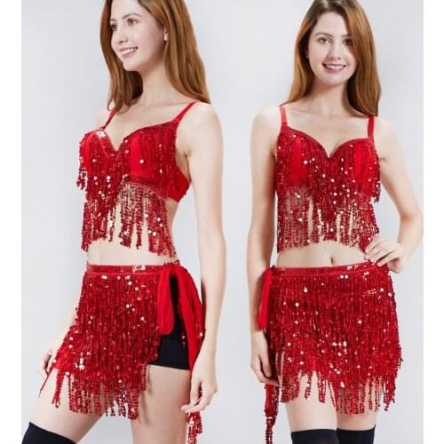 1Set New Style Sequins Belly Dance Costumes Set Indian Latin Dancer Bellydance Hip Scarf Sexy Stage Wear Dancing Skirt Tops Bra