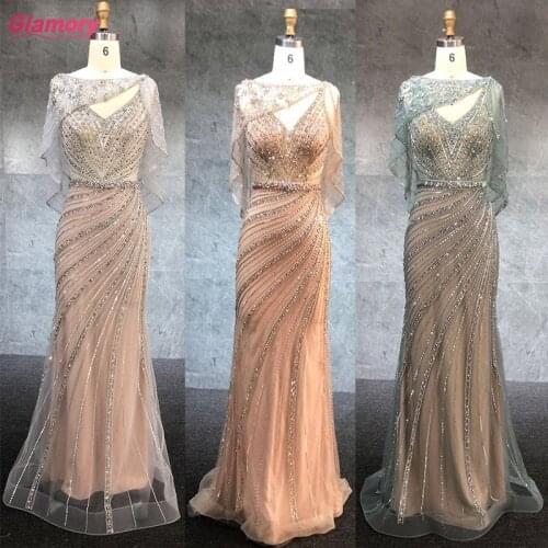 2021 New Fashion Beading Evening Dress Mermaid V Neck Sexy Party Wear Gown With Cape For Women
