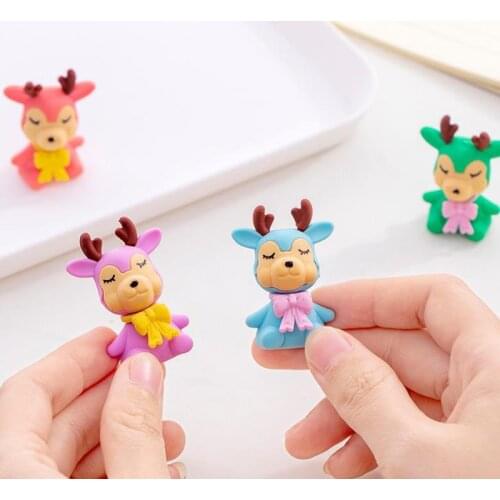 4 Pcs/set Cartoon Mini Colorful Animal Deer Elk Eraser Rubber Pencil Erasers School Office Supply Gift Stationery