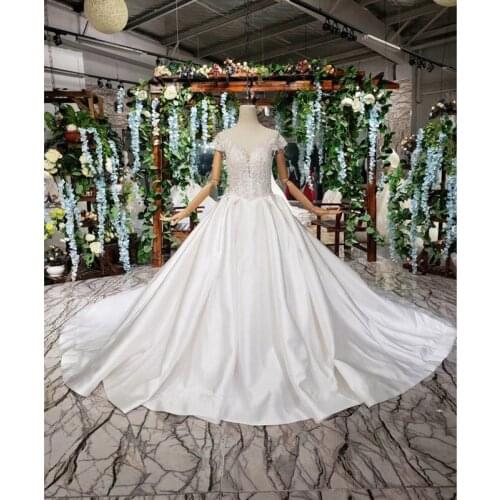 BGW HT42923 Satin Wedding Dress With Train Illusion O-neck Short Sleeves Middle Eastern Style White Wedding Gowns Cheap Gelinlik
