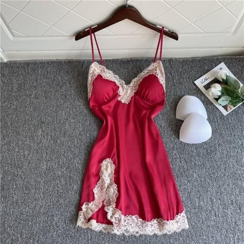 Burgundy Suspender Nightdress Women Summer Sleepwear Sexy Lace Trim Sleeveless Nightgown Mini Split Home Dress Silky Nightwear