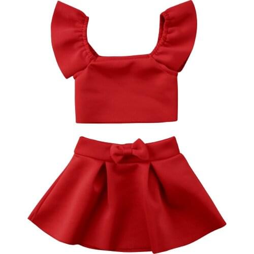 Citgeett Newborn Kids Baby Girl Party Off Shoulder Red Crop Tops Skirt Outfits Clothes Solid Summer Set