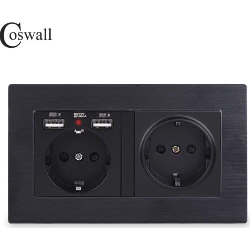 COSWALL Brand 2 Gang Russia Spain EU Standard Wall Socket With 2 USB Charge Port Hidden Soft LED Indicator Aluminum Metal Frame