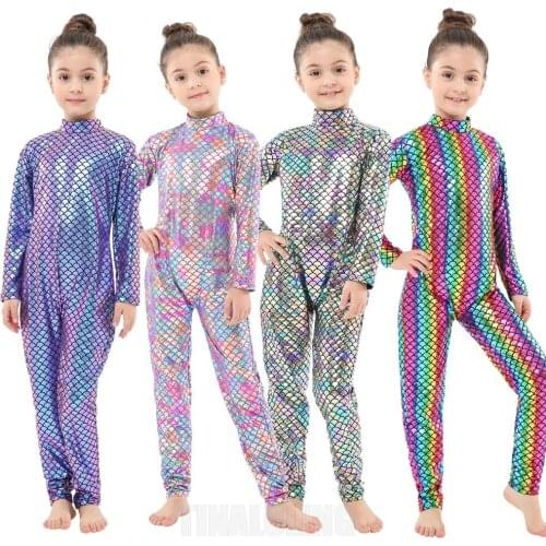 Kids Fish Skinny Overalls Girls Spandex Fish Scale Jumpsuits Hooded Zipper Clothes Set Kids Clothing Mermaid Beaty Fish Scale