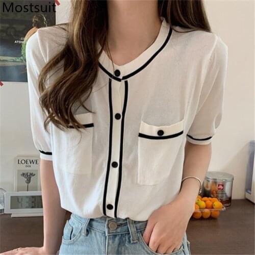 Korean Elegant Knitted Cardigan Women Summer Short Sleeve O-neck Pockets Vintage Ladies Tops Jumpers Femme 2021