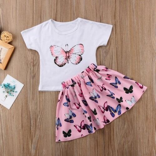 Summer Baby Girl Clothing Set Toddler Baby Girls Butterfly Outfits Clothes Summer T-shirt Skirts Mini 2pcs Set 2-6Y