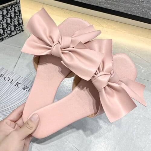 Mlcriyg 2021 Summer New Womens Flat Sandals Fashion Open Toe Bow Slippers Outdoor Beach Shoes Solid Color Leisure Plus Size 43